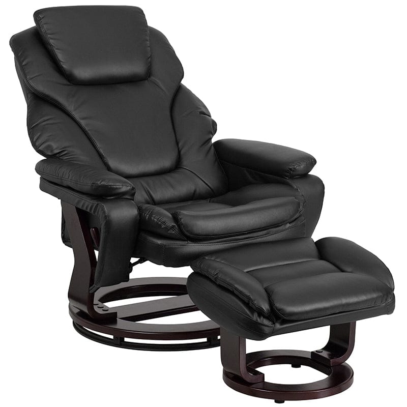 Contemporary Multi-Position Recliner and Ottoman with Swivel Mahogany Wood Base in Black LeatherSoft - BT-70222-BK-FLAIR-GG A-Z Store Nadia