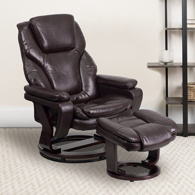 Contemporary Multi-Position Recliner and Ottoman with Swivel Mahogany Wood Base in Black LeatherSoft - BT-70222-BK-FLAIR-GG A-Z Store Nadia