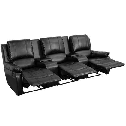 Allure Series 3-Seat Reclining Pillow Back Black LeatherSoft Theater Seating Unit with Cup Holders - BT-70295-3-BK-GG