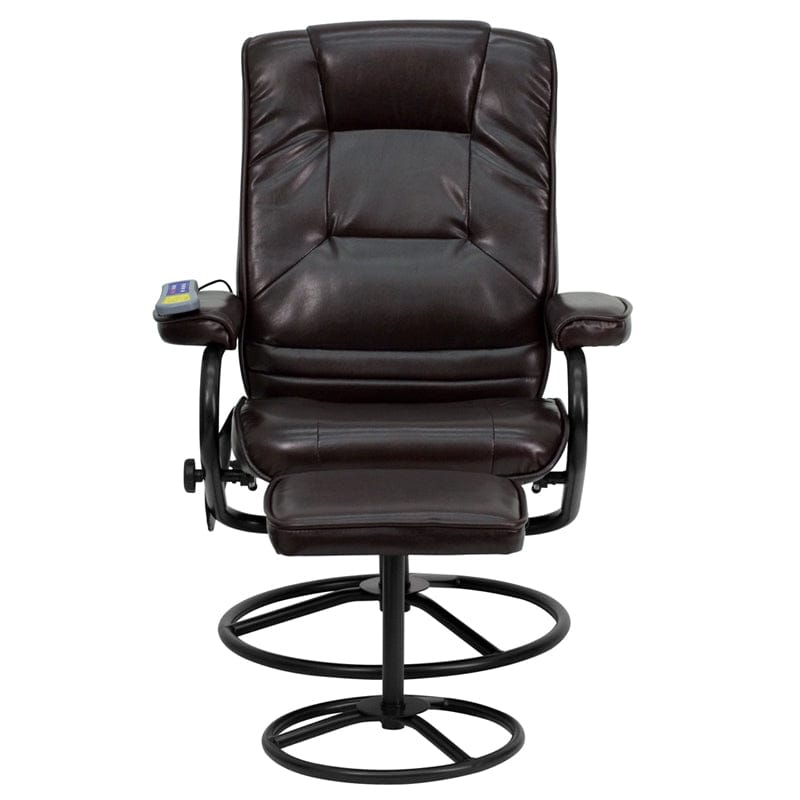 Massaging Multi-Position Recliner and Ottoman with Metal Bases in Brown LeatherSoft - BT-703-MASS-BN-GG