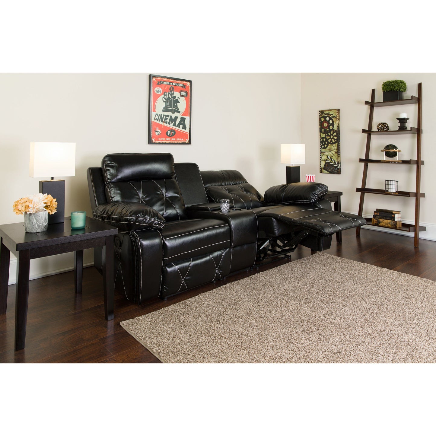 Reel Comfort Series 2-Seat Reclining Black LeatherSoft Theater Seating Unit with Straight Cup Holders - BT-70530-2-BK-GG Mega A-Z Store Nadia