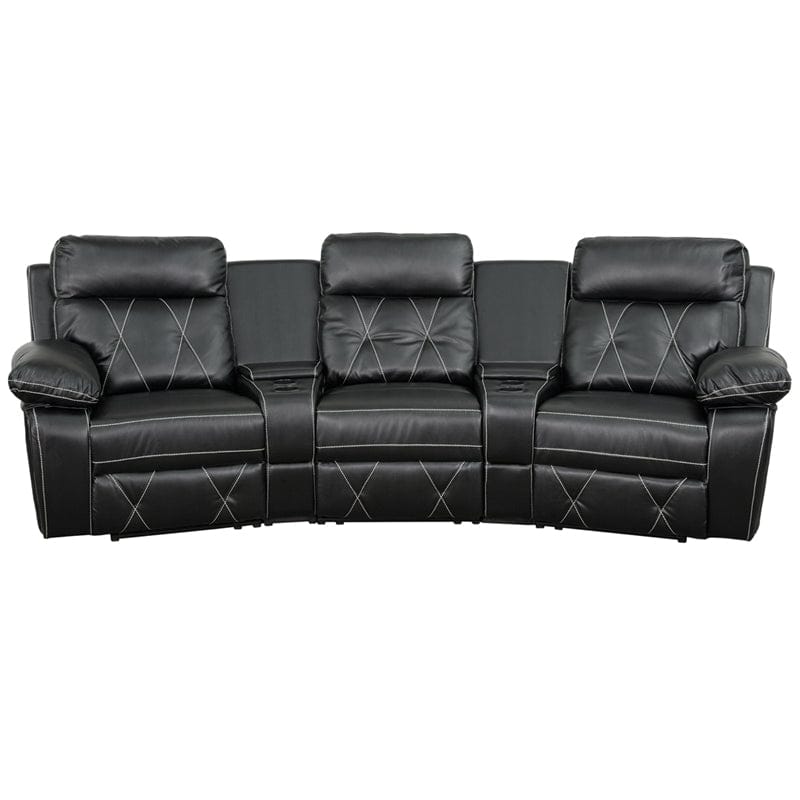 Reel Comfort Series 3-Seat Reclining Black LeatherSoft Theater Seating Unit with Curved Cup Holders - BT-70530-3-BK-CV-GG
