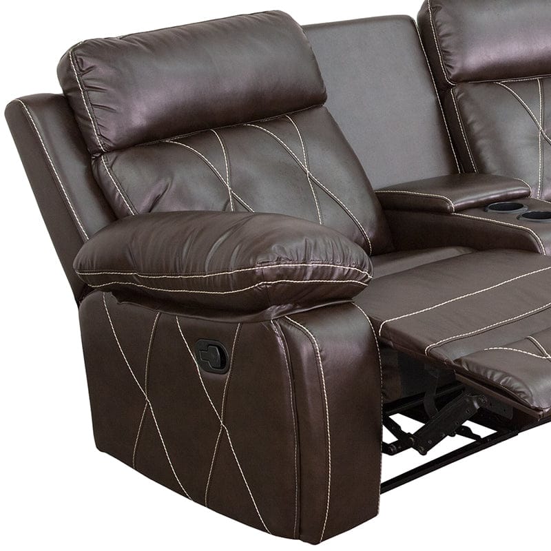 Reel Comfort Series 3-Seat Reclining Black LeatherSoft Theater Seating Unit with Curved Cup Holders - BT-70530-3-BK-CV-GG
