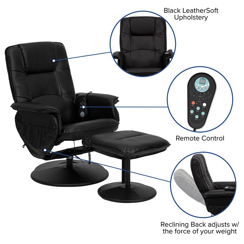 Massaging Adjustable Recliner with Deep Side Pockets and Ottoman with Wrapped Base in Black LeatherSoft - BT-753P-MASSAGE-BK-GG