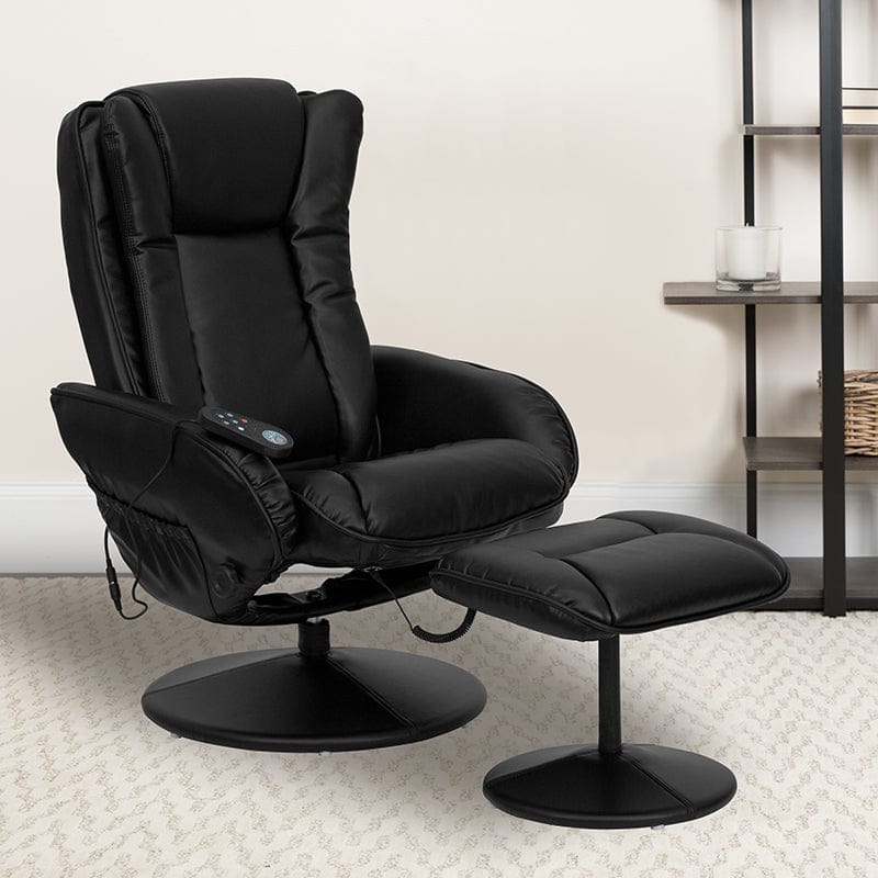 Massaging Multi-Position Plush Recliner with Side Pocket and Ottoman in Black LeatherSoft - BT-7672-MASSAGE-BK-GG A-Z Store Nadia