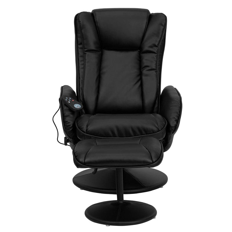 Massaging Multi-Position Plush Recliner with Side Pocket and Ottoman in Black LeatherSoft - BT-7672-MASSAGE-BK-GG