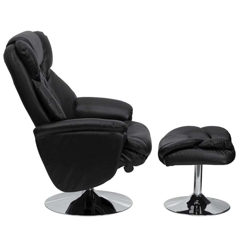 Transitional Multi-Position Recliner and Ottoman with Chrome Base in Black LeatherSoft - BT-7807-TRAD-GG