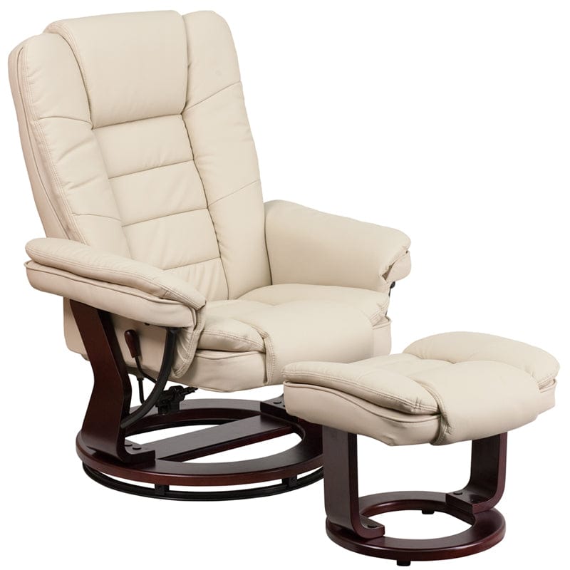 Contemporary Multi-Position Recliner with Horizontal Stitching and Ottoman with Swivel Mahogany Wood Base in Beige LeatherSoft - BT-7818-BGE-GG A-Z Store Nadia