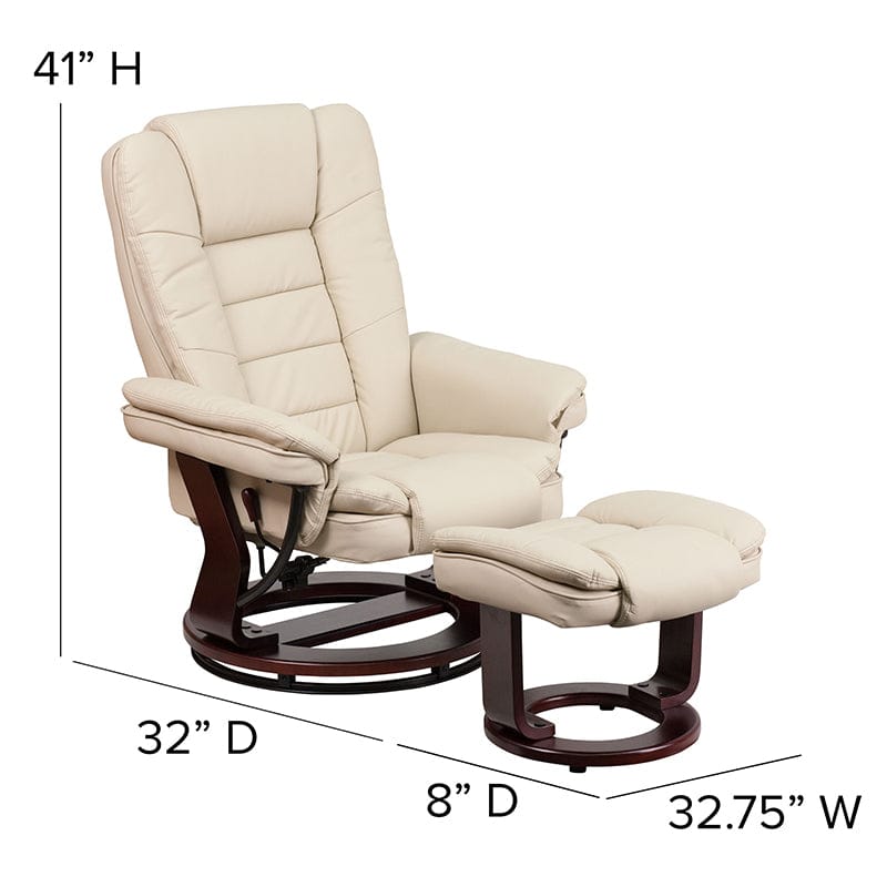 Contemporary Multi-Position Recliner with Horizontal Stitching and Ottoman with Swivel Mahogany Wood Base in Beige LeatherSoft - BT-7818-BGE-GG A-Z Store Nadia