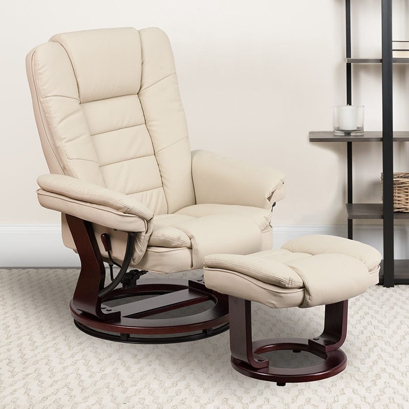 Contemporary Multi-Position Recliner with Horizontal Stitching and Ottoman with Swivel Mahogany Wood Base in Beige LeatherSoft - BT-7818-BGE-GG A-Z Store Nadia