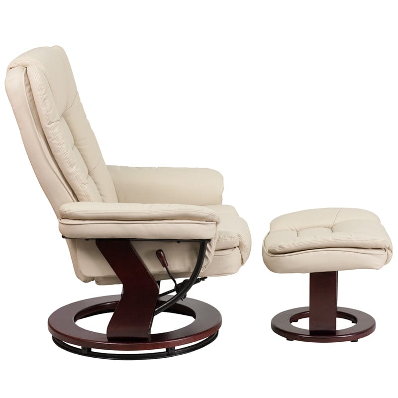 Contemporary Multi-Position Recliner with Horizontal Stitching and Ottoman with Swivel Mahogany Wood Base in Beige LeatherSoft - BT-7818-BGE-GG A-Z Store Nadia