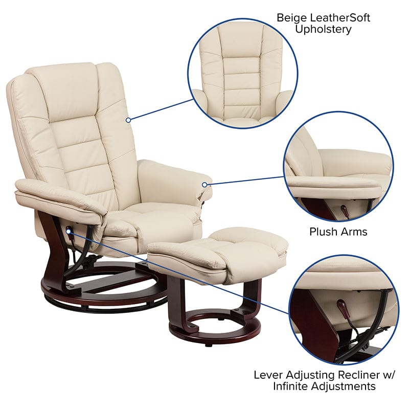 Contemporary Multi-Position Recliner with Horizontal Stitching and Ottoman with Swivel Mahogany Wood Base in Beige LeatherSoft - BT-7818-BGE-GG A-Z Store Nadia
