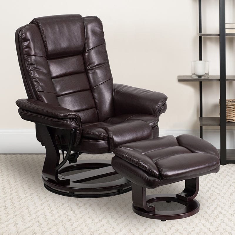 Contemporary Multi-Position Recliner with Horizontal Stitching and Ottoman with Swivel Mahogany Wood Base in Beige LeatherSoft - BT-7818-BGE-GG A-Z Store Nadia