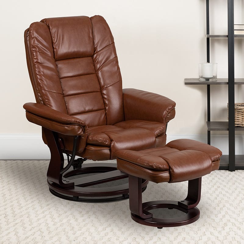 Contemporary Multi-Position Recliner with Horizontal Stitching and Ottoman with Swivel Mahogany Wood Base in Beige LeatherSoft - BT-7818-BGE-GG A-Z Store Nadia