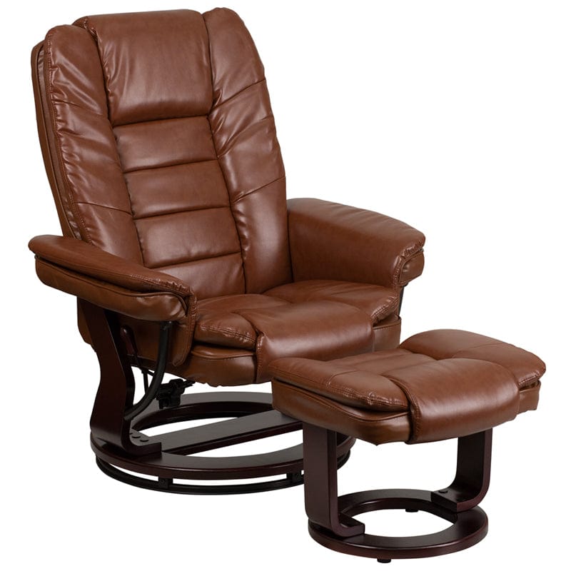 Contemporary Multi-Position Recliner with Horizontal Stitching and Ottoman with Swivel Mahogany Wood Base in Beige LeatherSoft - BT-7818-BGE-GG A-Z Store Nadia