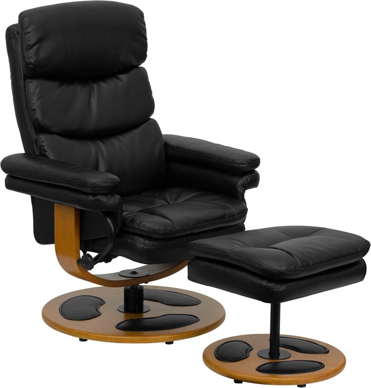 Contemporary Multi-Position Recliner and Ottoman with Wood Base in Black LeatherSoft -  BT-7828-PILLOW-GG A-Z Store Nadia