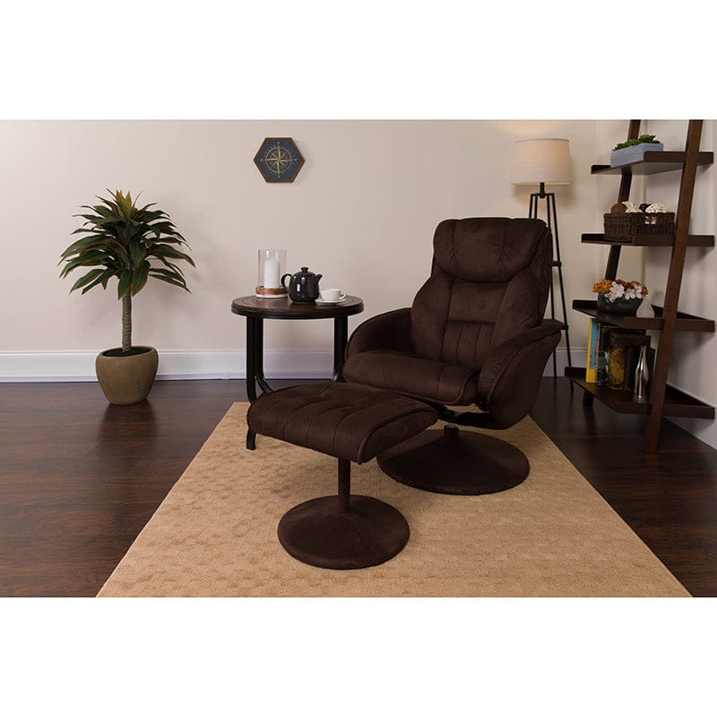 Contemporary Multi-Position Recliner and Ottoman with Circular Wrapped Base in Brown Microfiber - BT-7895-MIC-PINPOINT-GG FLASHMEGA