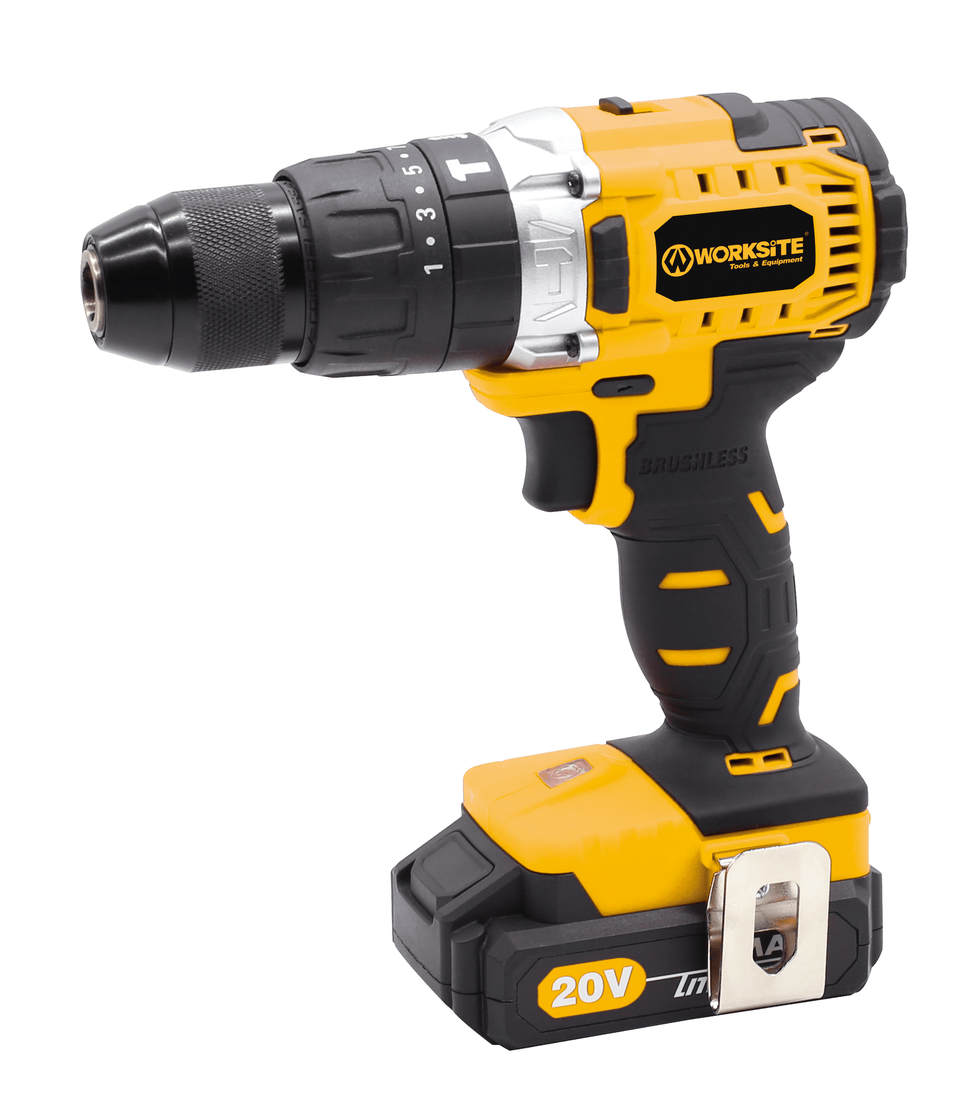 WORKSITE 2-Speed Hammer Drill, 1/2"(13mm), Brushless, Cordless, 20V Lithium-Ion Battery, Reversible Button, Optimized Shape & Rubber Hand Grip for easy Control, Automatic Spindle Lock, Built-in LED Work Light - CD320H Worksite Power Tools