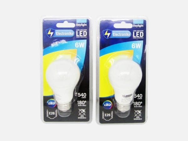 Electroniks 6W LED Energy Saving Bulb, Daylight, 60 Watt Equivalent, E26 Medium Screw Base Small Light Bulb Cool White 6500K, 540 Lumens. Ideal for Indoor and Outdoor use, Home and Office Lighting, Decorative Ceiling Fan and Lamps - CH87252