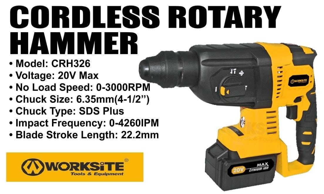 Worksite Brushless Cordless Rotary Hammer Drill, 20V Max, 4.0AH Battery and FAST Charger, Chuck Size 1/2", - CRH326 Worksite Power Tools