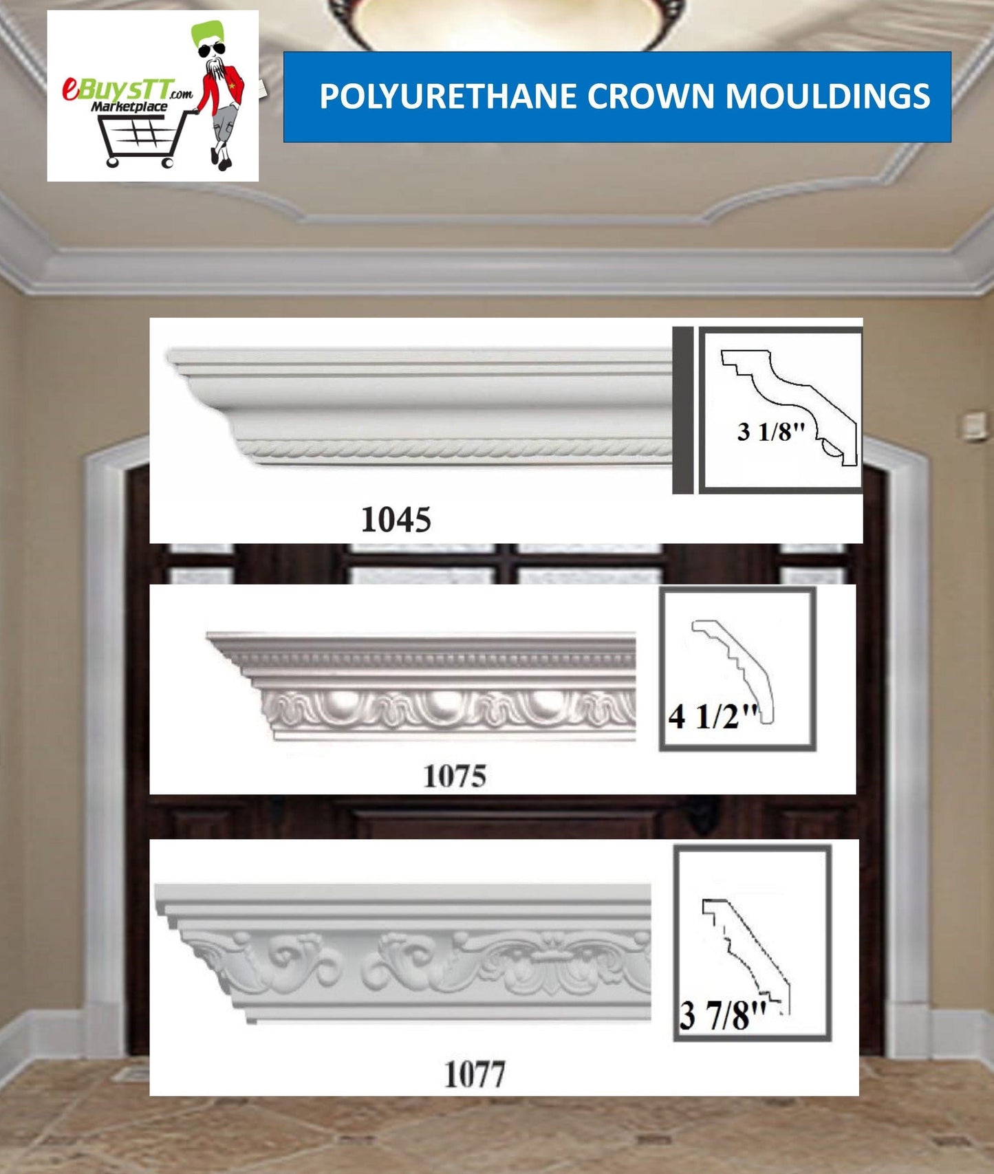 MOULDING Pattern Crown Moulding Polyurethane- 8FT LENGTH MARMEGA