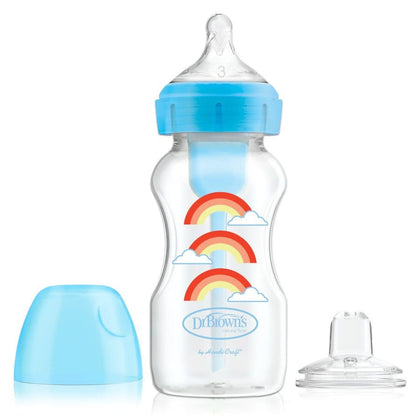 DR BROWN  Bottle Sippy Options Blue Rainbow, Start with baby steps using the Dr. Brown’s Option’s+™ Wide-Neck bottle that baby is familiar -WB91605