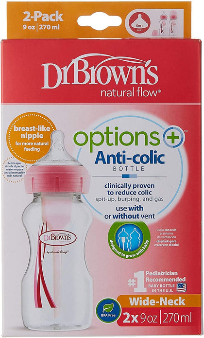 Dr Browns Options+ 2pk 9 Oz Wide Neck Pink Bottles: . From nipple to base, the Options+™ Wide-Neck Bottle makes for a comfortable feeding experience for baby - WB92601-ESX