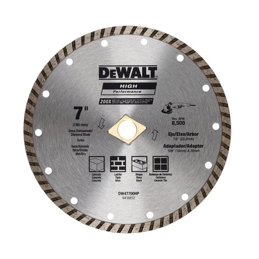 Dewalt Diamond Masonry Wet/Dry Continuous Edge Blade Turbo 7 Inches (180MM) - For General Purpose Cutting Of Cured Concrete, Pavers, Brick, Block, Tile, Bluestone, Flagstone Or Any Similar Materials - DW47700HP MEGA