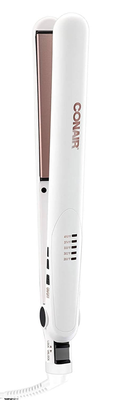 Conair Double Ceramic 1 Inch Flat Iron (White/Rose Gold) technology provides a higher ceramic content for even heat that’s gentle on hair, with anti-frizz control for silky smooth styles - C-CS221NAL