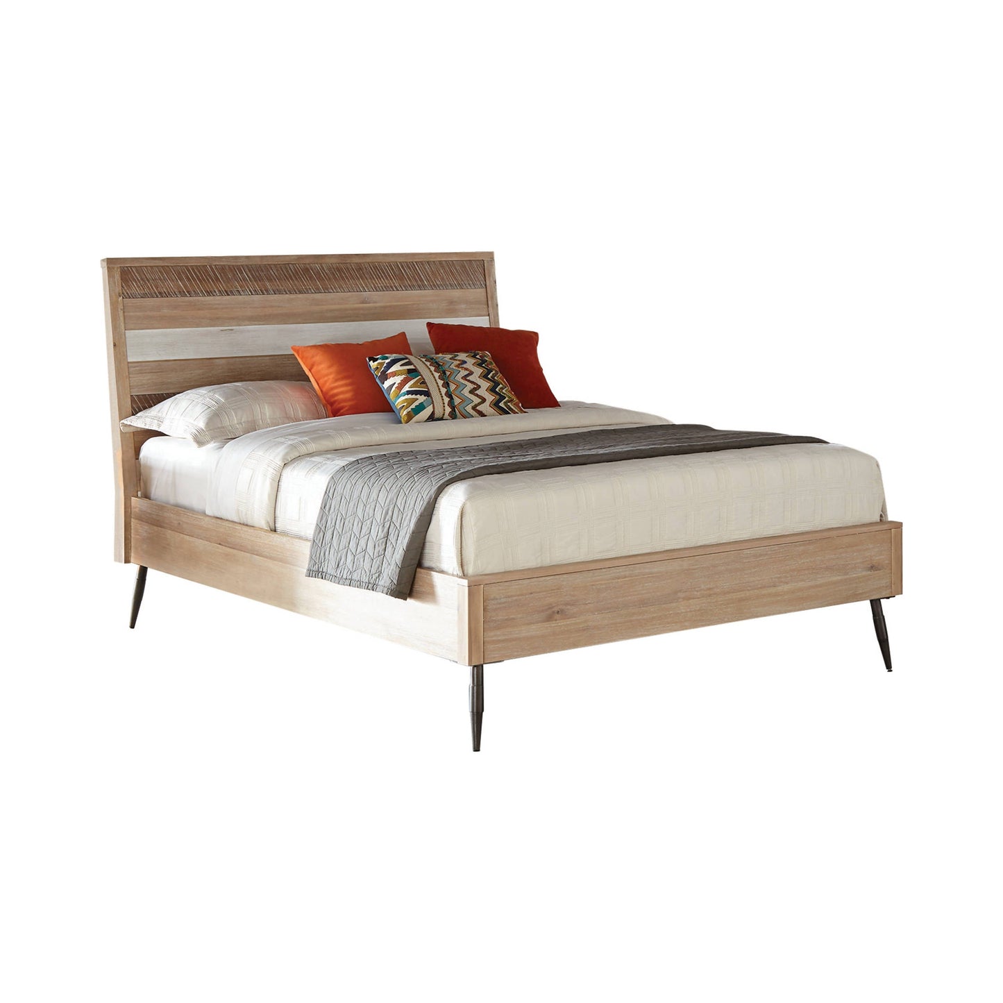 Marlow Eastern King Platform Bed Rough Sawn Multi: This Wooden Platform Bed Exudes Classic Appeal, Flared Metal Legs In A Matte Black Finish Enhance It's Appearance With A Cool Industrial Edge. - 215761KE coastmega