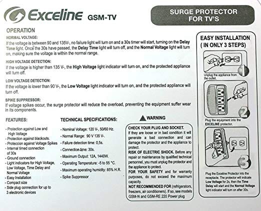 Exceline 3 Outlet Voltage & Electronic TV Surge Protector TV & Entertainment Center Ideal for Audio, LED LCD Tv's Video Game Consoles DVD and Blue -Ray- GSM-TV120E Mega