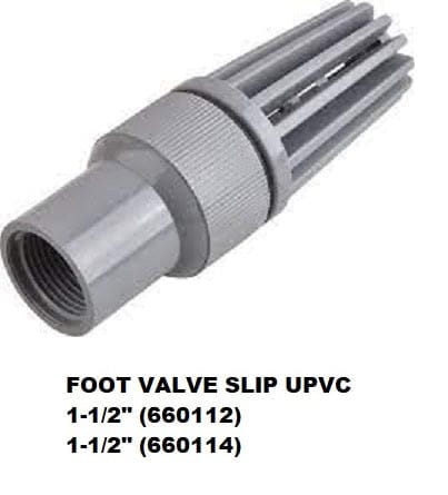 Plastic Foot Valve Slip UPVC For use with jet and centrifugal pumps to filter debris from lakes, wells and ponds. 1 in. female NPT threads Molded of polymer materials – Spring Loaded Works in any position, vertical-horizontal