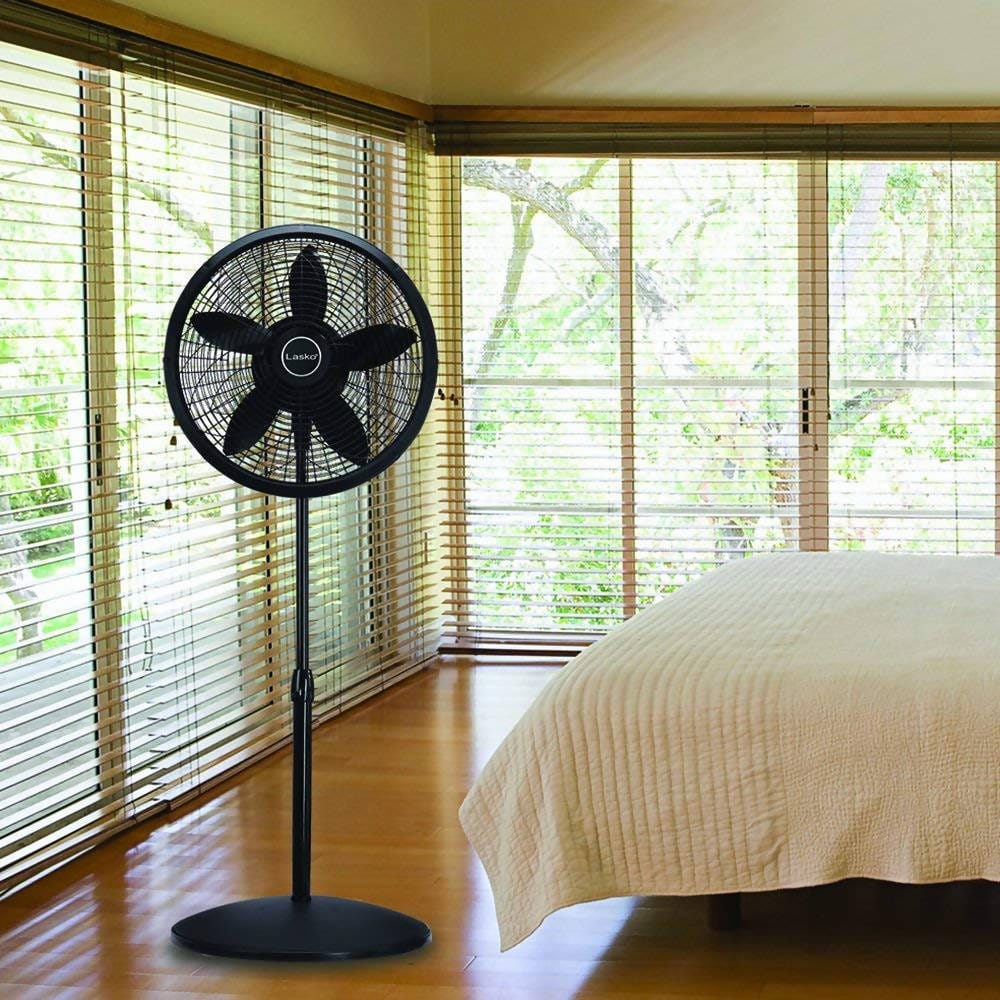Lasko 18″ Elegance & Performance Adjustable Pedestal Fan, ideal for the bedroom, living room, or near your desk. Low, medium, and high speed make this fan well suited around the whole house. Black - 1827B Pie's Variety Store