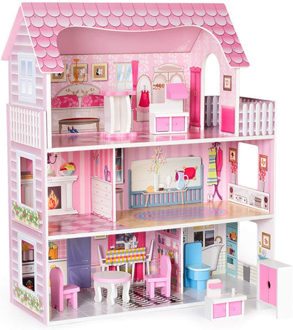 GTBW Robud Wooden Dollhouse: Comes with rich solid wood furniture, sturdy and durable, multiple rooms and 3 stories make the house very attractive to children - WG149