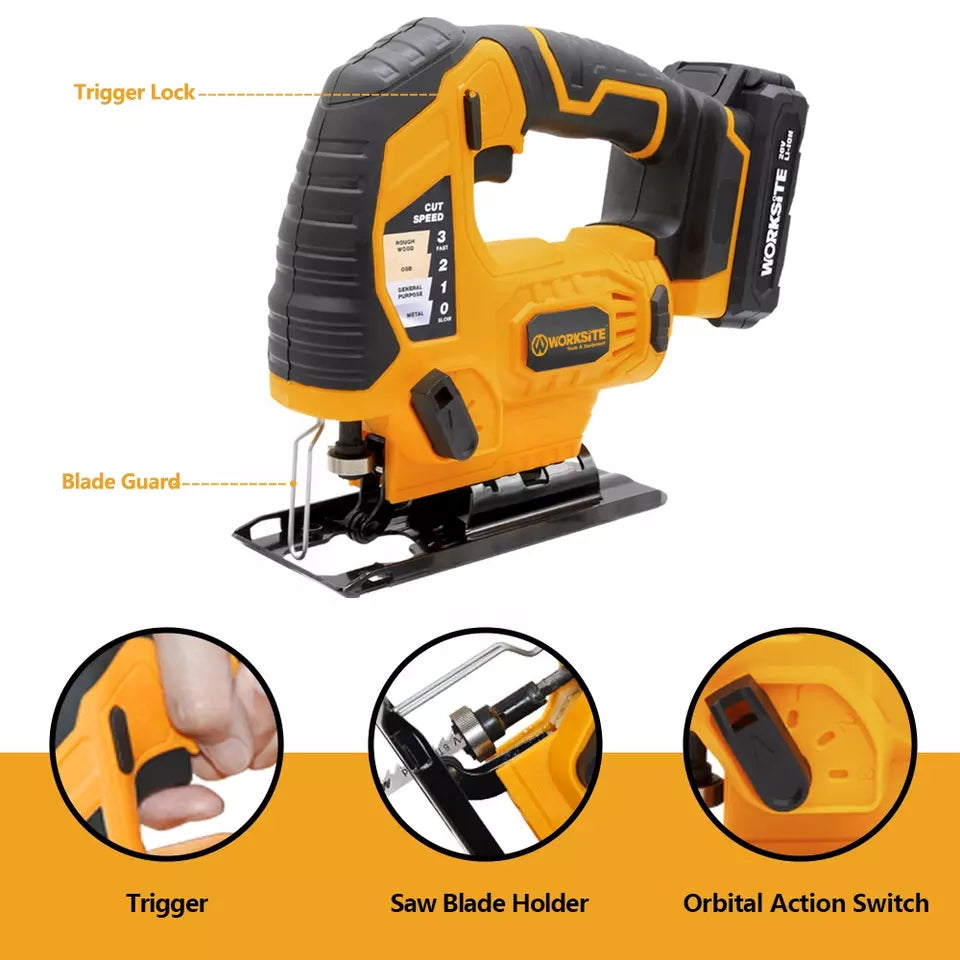 Worksite 600w Jig Saw with 65mm Working Capacity. Ideal For the Professional Tradesman. Use in Woodworking, Craft Projects, DIY Projects, Metal Cutting And Many More- CJS326