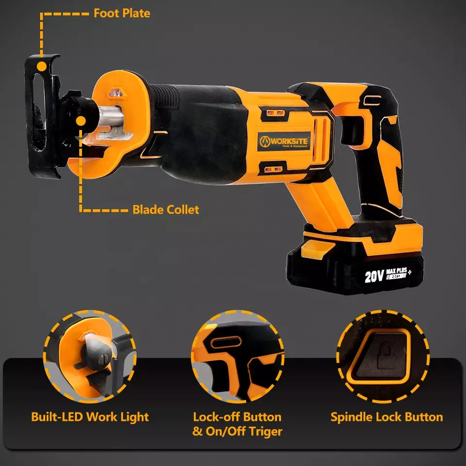 Worksite Cordless Reciprocating  Saw Comes with two types of  Blades Ideal for Metal & Wood cutting.  20V Battery brushless motor helps to provide 2.5X more runtime to get the job done - CRS334 Worksite Power Tools