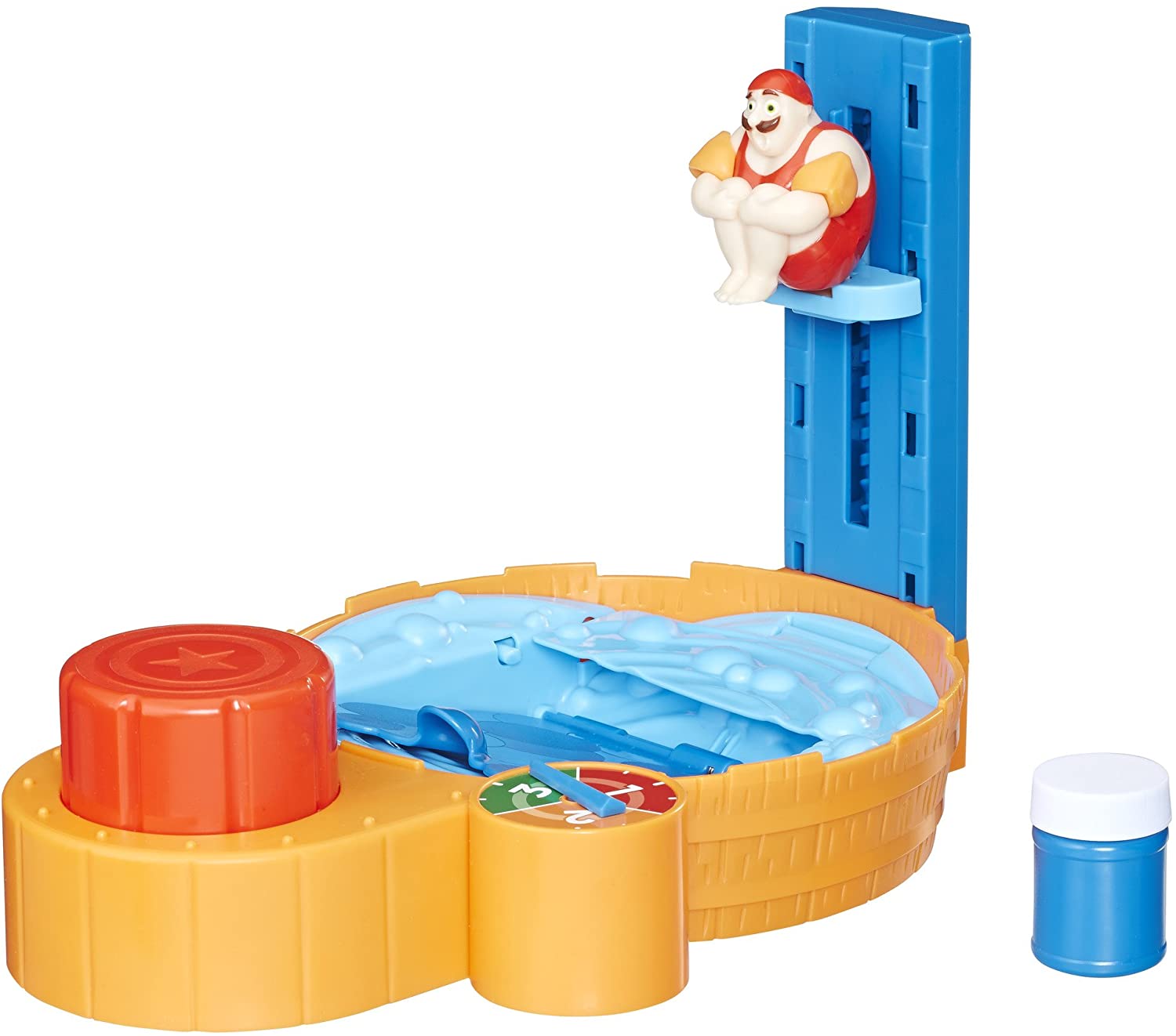 Hasbro Hot Tub High Dive: Pour the included demo bubble solution into the tub unit, spin the spinner, then press the big red button the number of times shown to send the diver up or down the ladder - E1919 ebuystt