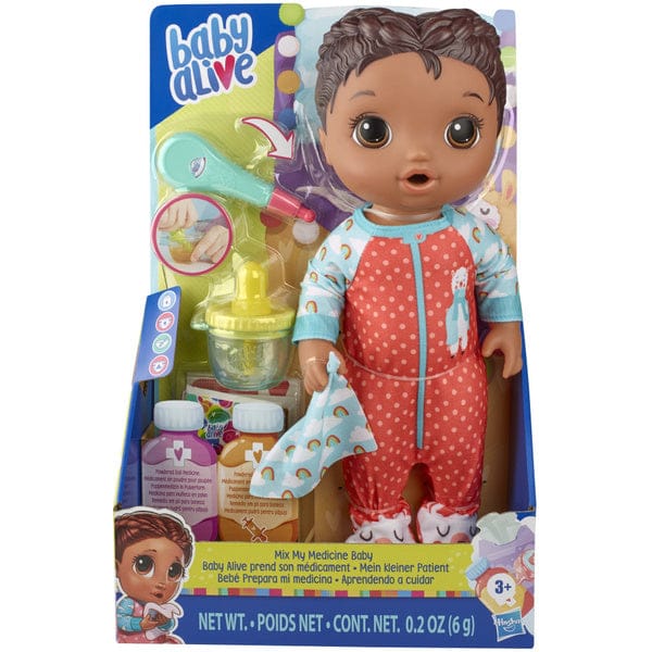 HASBRO  Baby Alive Mix My Medicine Baby: Includes doll, diaper, medicine cup and dropper, 2 packets of doll medicine, interactive thermometer, removable pajamas, bandage stickers, tissue, and instructions - E6941 ebuystt