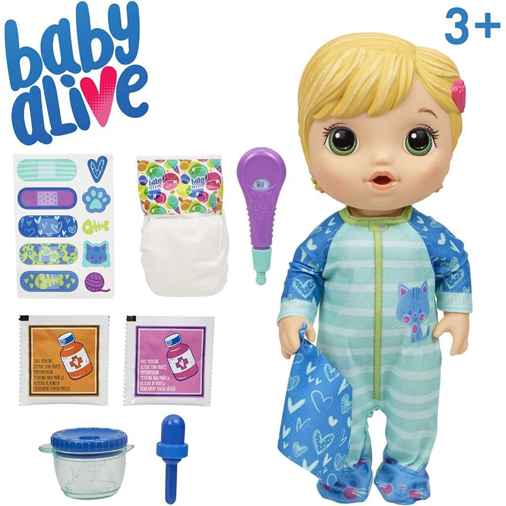 HASBRO  Baby Alive Mix My Medicine Baby: Includes doll, diaper, medicine cup and dropper, 2 packets of doll medicine, interactive thermometer, removable pajamas, bandage stickers, tissue, and instructions - E6941