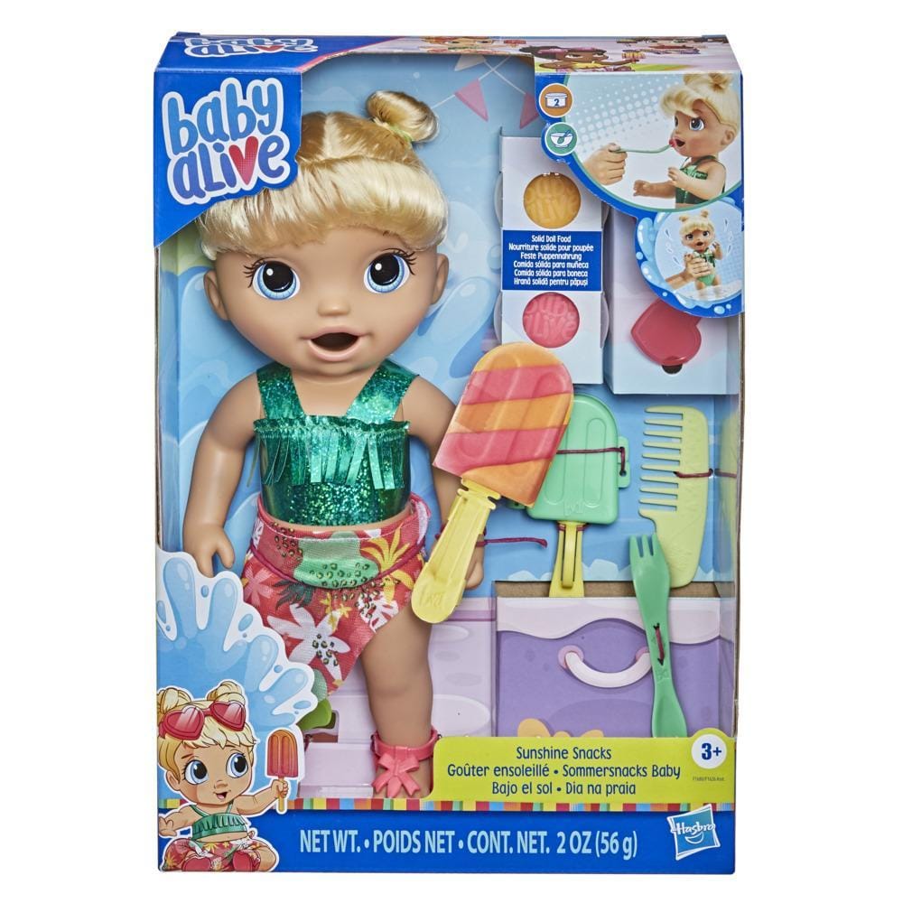 HASBRO  Baby Alive Sunshine Snacks Blonde: With the included solid reusable doll food, ice pop mold and stick, kids can make ice pop shapes to feed Baby Alive Sunshine Snacks doll - F1680