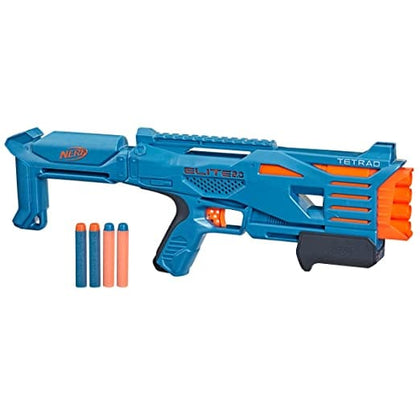 HASBRO Nerf Elite 2.0 Tetrad: Get blasting in 3 quick steps! Load the barrels, pump the priming slide backward and forward, and pull the trigger to unleash 1 dart - F5026