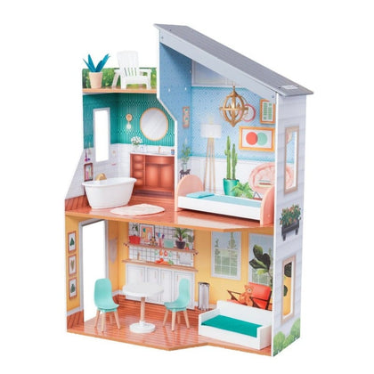 KID KRAFT Emily Dollhouse: The angular roofline over the bedroom with a fancy metallic chandelier perfect for a glam retreat for 12