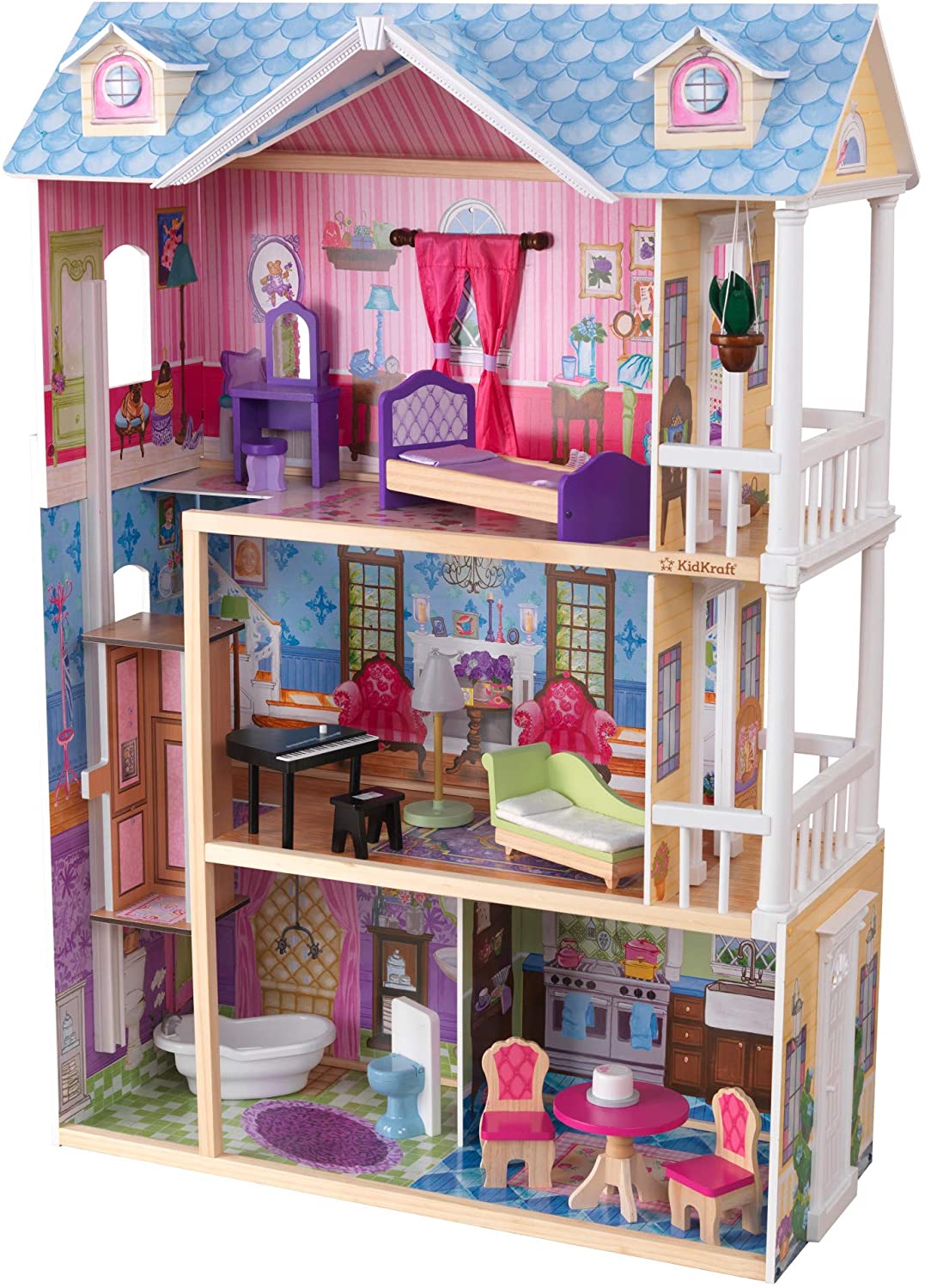 KID KRAFT  My Dreamy Dollhouse: With the 4-foot KidKraft My Dreamy Dollhouse, kids have 4 rooms to decorate, with a gliding elevator that spans all 3 floors - 65823 ebuystt