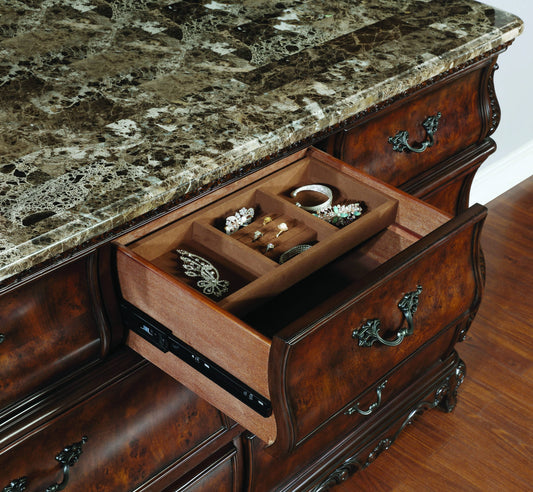 Exeter 7-Drawer Dresser With Marble Top (Dark Burl) - 222753 coastmega