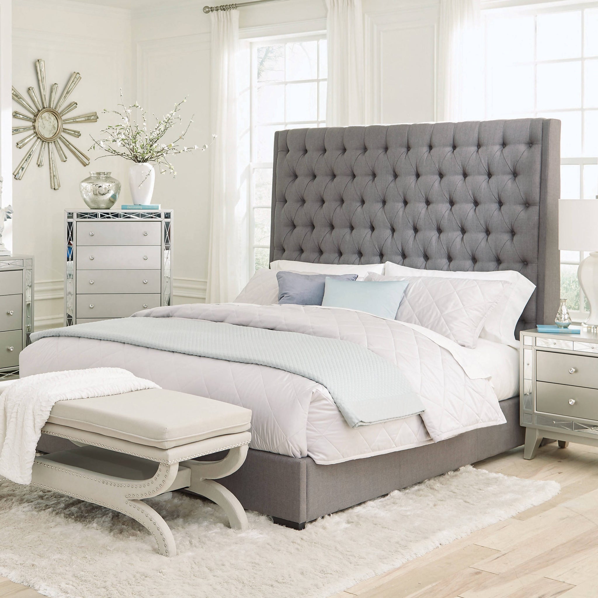 Camille California King Button Tufted Bed Grey Collection: The Impressively-Styled Bed Makes A Bold Yet Fashionable Statement, This Bed Is A Graceful Addition To The Bedroom. Camille SKU: 300621KW