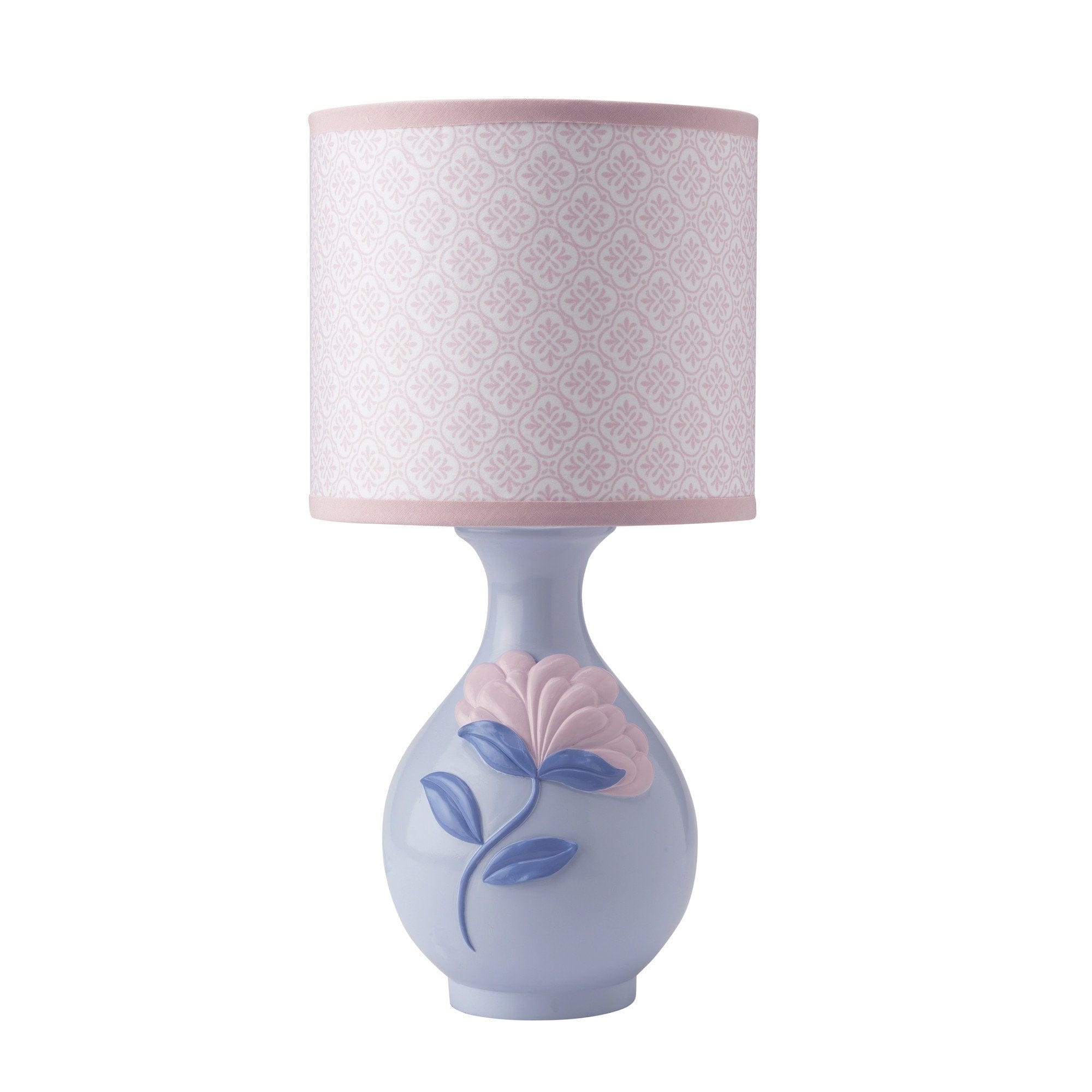 Lambs & Ivy Mackenzie Lamp: A beautifully shaped lamp base is decorated with a lovely sculpted pink flower and has a pretty patterned shade - 593024B