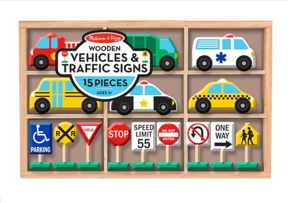 MELISSA & DOUG Wooden Vehicles & Traffic Signs: Car-loving kids will find everything they need to set up a busy street or add to train sets and blocks - 3177