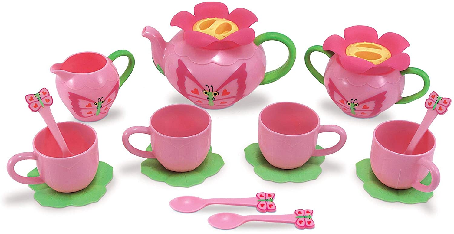Melissa & Doug Bella Butterfly Tea Set: Durably constructed tea party set that includes a teapot with lid, creamer, a sugar bowl with lid, 4 cups, 4 saucers, and 4 spoons - 6181