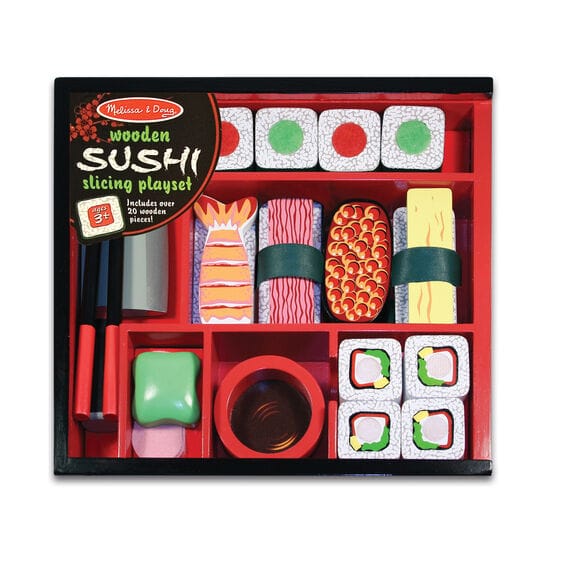 MELISSA & DOUG Sushi Slicing Play Set: This elegant 24-piece wooden sushi play-food set is packed in a beautiful storage box and includes sliceable sushi rolls, shrimp, tuna, easy-use chopsticks, a cleaver and more - M&D-2608