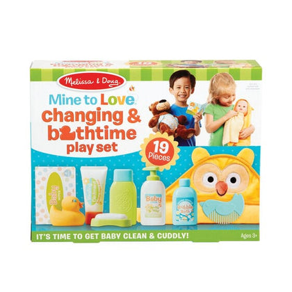 MELISSA & DOUG Mine To Love Changing & Bathtime Play Set: Pretend to get baby squeaky clean with shampoo and bubble bath bottles and soap in a dish - 31703